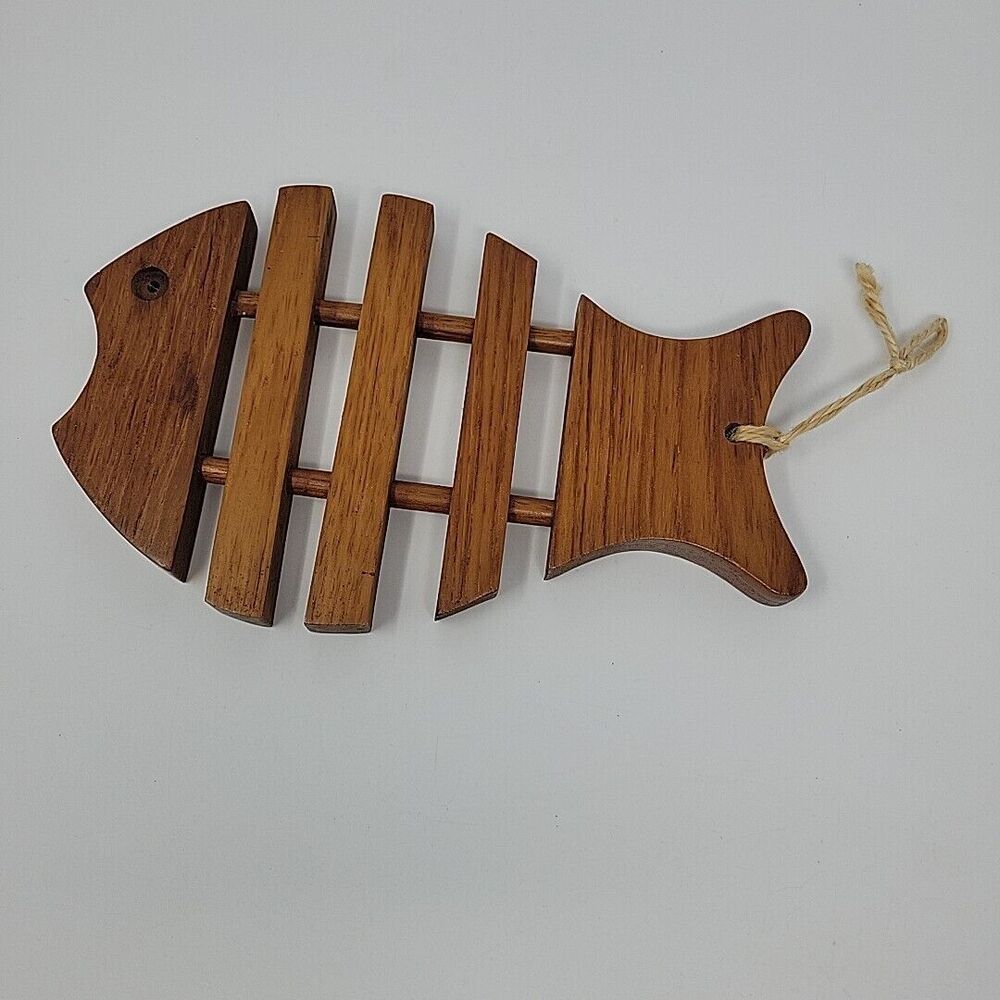 Vintage Fish Trivets Bone Slat MCM Mid Century Wood Wooden Thailand Teakwood